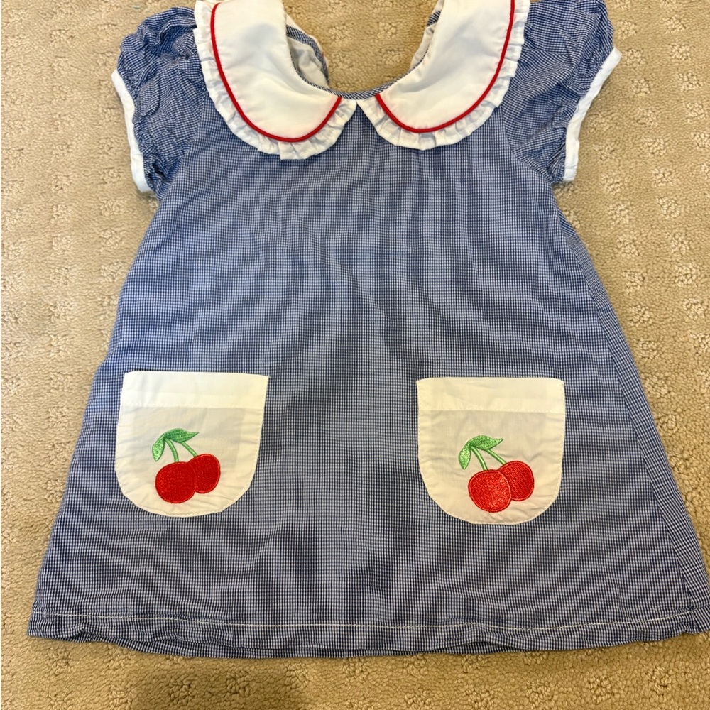 Blue Gingham Cherry Pocket Dress with Peter Pan Collar